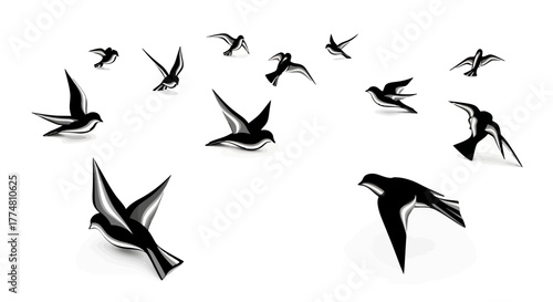 Illustration of a flock of swallows in flight, black and white.