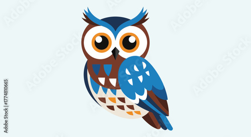 Stylized illustration of an owl with blue, brown, and white feathers, large eyes, and a cartoonish design.