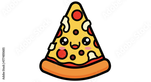 Cartoon pizza slice with a cute face and toppings, isolated on white.