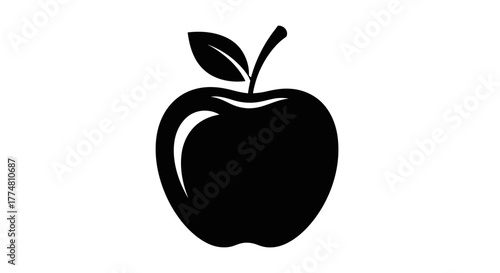 Black silhouette of an apple with a leaf and stem on a white background.
