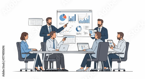 Sketch illustration of a business team in a corporate meeting presentation.