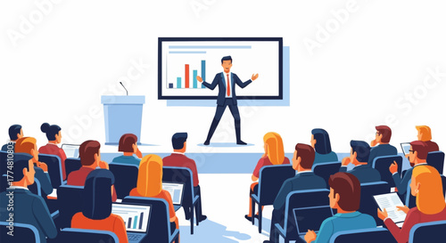 Businessman giving a presentation with a chart on stage.