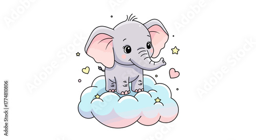Cute baby elephant cartoon character standing on a fluffy cloud with stars and hearts.