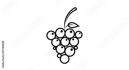 Stylized black and white drawing of a bunch of grapes with a leaf and stem.