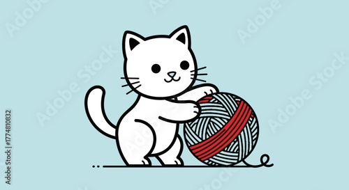 Cartoon cat playing with a ball of yarn on a light blue background.
