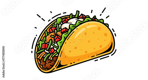 Cartoon illustration of a fully loaded taco with meat, lettuce, cheese, and sour cream.