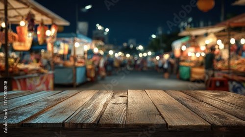 Wallpaper Mural blurred night market scene with wooden table Torontodigital.ca