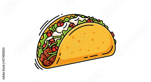 Illustration of a taco with meat, lettuce, tomatoes, and sour cream in a crispy shell.