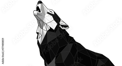 Geometric wolf howling, rendered in black and white with a polygonal design.