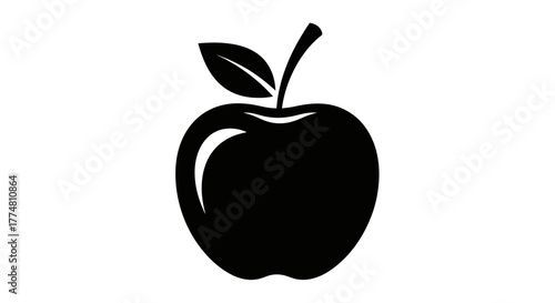A simple black and white illustration of a ripe apple with a stem and leaf.