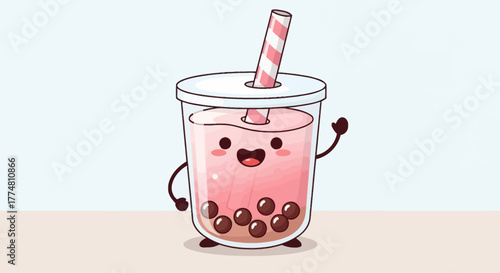 Cute cartoon bubble tea character with a happy face and a striped straw.