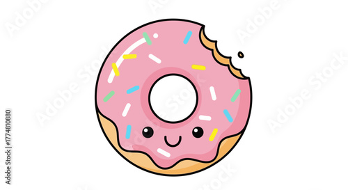 A cute cartoon donut with pink frosting and colorful sprinkles, with a bite taken out of it.