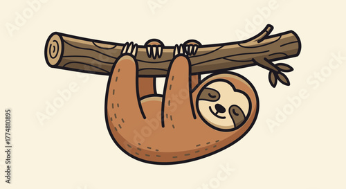 Cartoon illustration of a cute sloth hanging upside down from a tree branch with a smiling face.