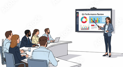 Professional businesswoman presenting quarterly performance data to her team.