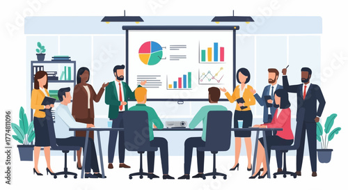 Diverse team collaborates in a modern office meeting with charts on screen.