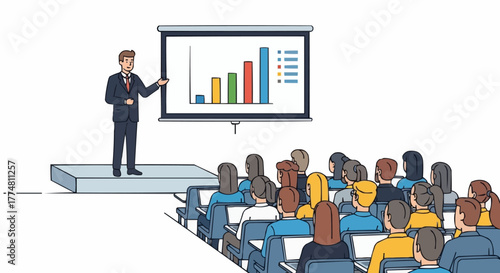 Businessman presenting financial growth chart to audience in conference hall.