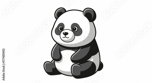 A cartoon panda bear sitting upright with a cute expression, rendered in black and white.