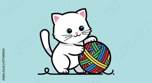 Cartoon cat playing with a colorful ball of yarn on a blue background.