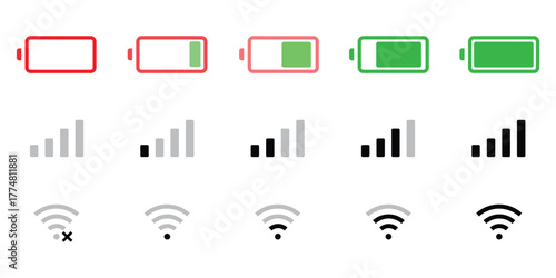 Battery, WiFi, and mobile network icon vector. connectivity improvements and power status rising symbol. vector illustration.