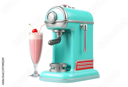 Retro teal milkshake maker with cherry topped drink isolated on transparent background