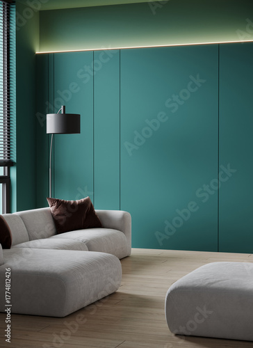 Emerald green accent color background walls. Modern stylish interior design lounge living room with cozy light sofas. 3d render
