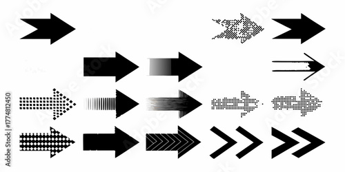 Collection of diverse black arrows with various textures and styles pointing to the right on a white background