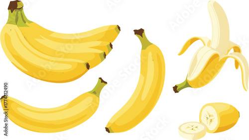 Banana illustration, whole fruit, peeled banana, sliced pieces, yellow skin, tropical food, healthy snack, fresh produce, fruit texture, kitchen element