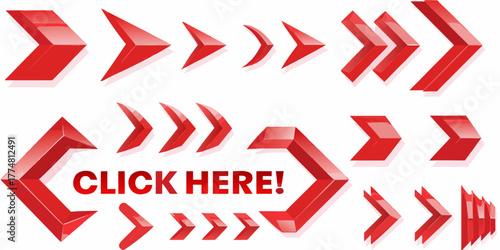 Collection of red 3d arrows and click here button on white background