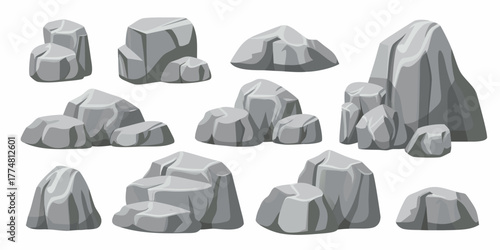 Collection of various gray cartoon rocks and stones for game design and illustration