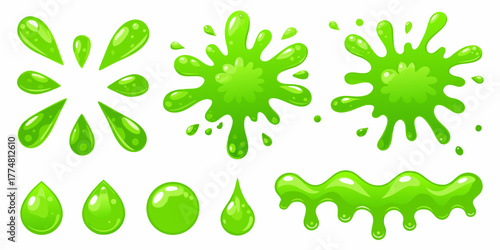 Collection of vibrant green slime splashes drops and blobs on a white background