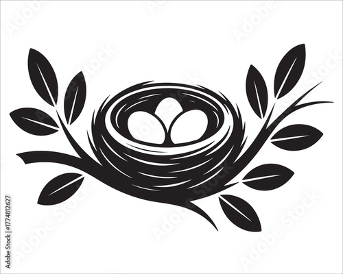 Bird Nest Silhouette Vector Illustration with Eggs and Branches, Nature Symbol of Home, Care, and New Life for Logo, Decor, or Spring Design