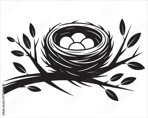 Bird Nest Silhouette Vector Illustration with Eggs on Branch