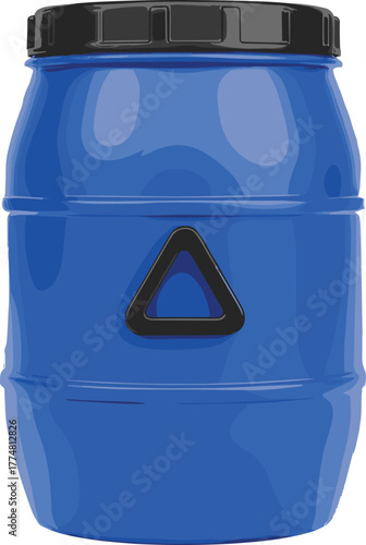Blue plastic barrel, black lid, industrial container, liquid storage, glossy surface, transport drum, triangle marking, commercial use, sealed tank, durable design