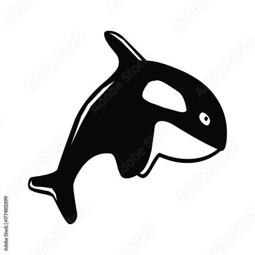 A stylized black and white illustration of an orca with a distinctive eye patch design element