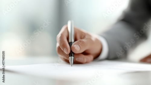 Professional man signing document in bright office, agreement and partnership,