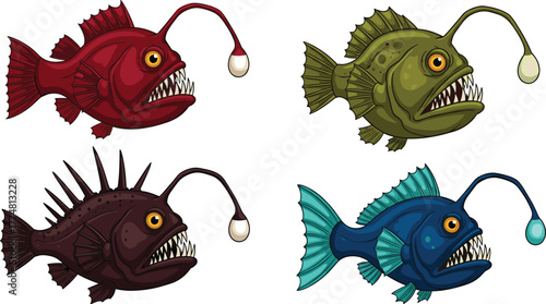 Cartoon anglerfish, deep sea creatures, scary fish, bioluminescent lure, underwater predators, colorful illustration, sharp teeth, ocean animals, marine life, fantasy fish