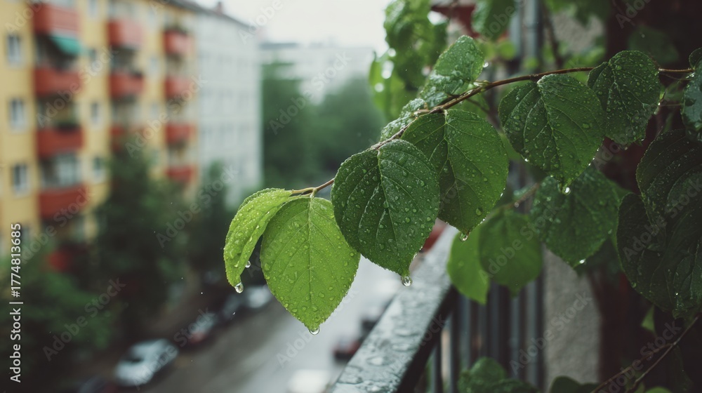 Obraz premium Close-up of lush green leaves adorned with raindrops, creating a serene urban view on a rainy day. Freshness and tranquility.