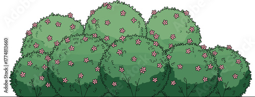 Cartoon bushes, pink flowers, garden illustration, landscape design, decorative greenery, floral shrubs, outdoor plants, nature art, botanical scene, trimmed foliage