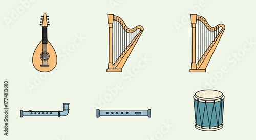 Illustration of six musical instruments lute harps flutes drum on a pale background