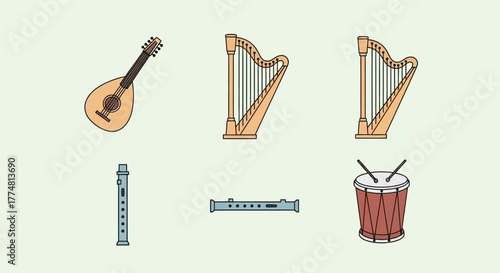Illustration of various musical instruments lute two harps two flutes and a drum with drumsticks on a light background