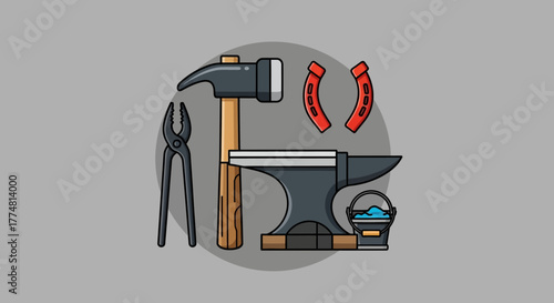 A blacksmithing setup with anvil hammer tongs horseshoes and a bucket of water all arranged together