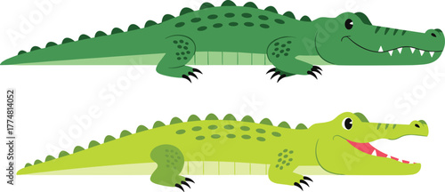 Cartoon crocodiles, green reptiles, smiling alligators, animal illustration, side profile, jungle wildlife, cute design, nature theme, educational art, playful pose