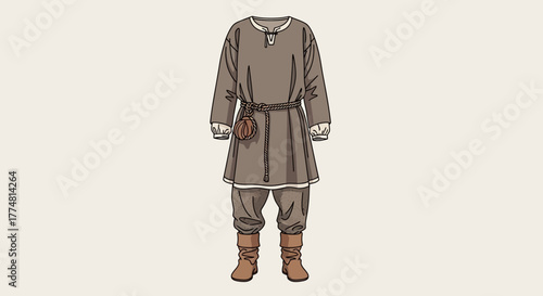Gray tunic trousers  boots Braided belt with pouch