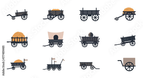 Many medieval vintage carts are on a white background some with hay or covered