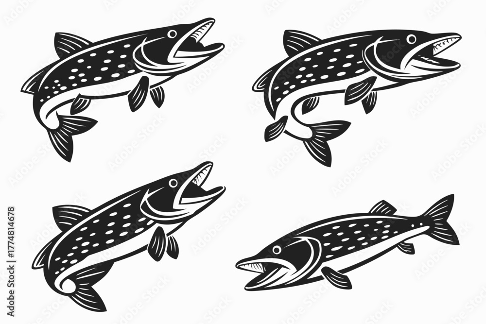 Fototapeta premium Minimalist pike fish icon set in black and color