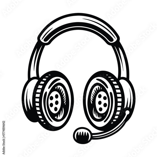 Isolated headset audio device is displayed with a black and white format