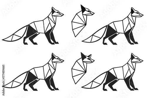 Minimalist origami fox icon set with geometric shapes