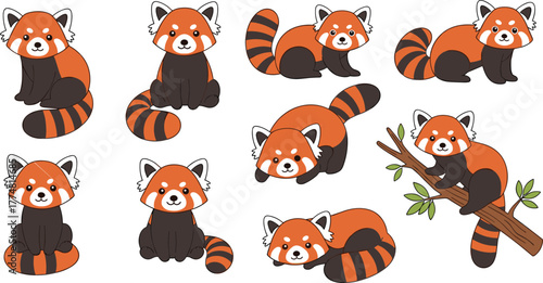 Cartoon red pandas, cute animal poses, tree branch climbing, playful expressions, wildlife illustration, nature theme, zoo animals, adorable creatures, furry mammals