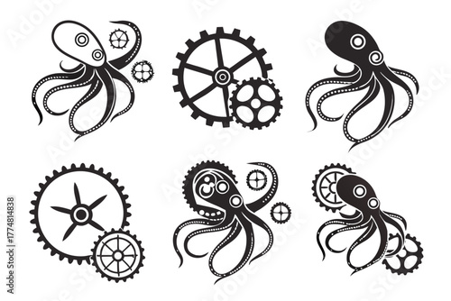 Steampunk octopus minimalist icon set