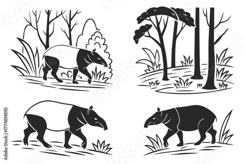 Minimalist tapir in forest icon set